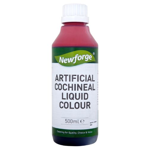 This image is of a 500 milliliter bottle of Cochineal Liquid Food Colouring made by the Newforge Brand