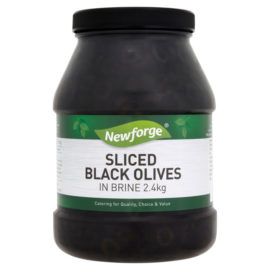 A 2.4 kilogram jar of Newforge brand Sliced Black Olives in Brine