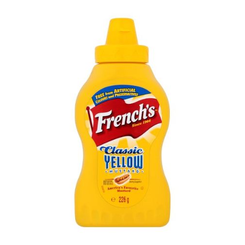 A yellow 226 gram squeezy bottle of French's brand Classic Yellow Mustard