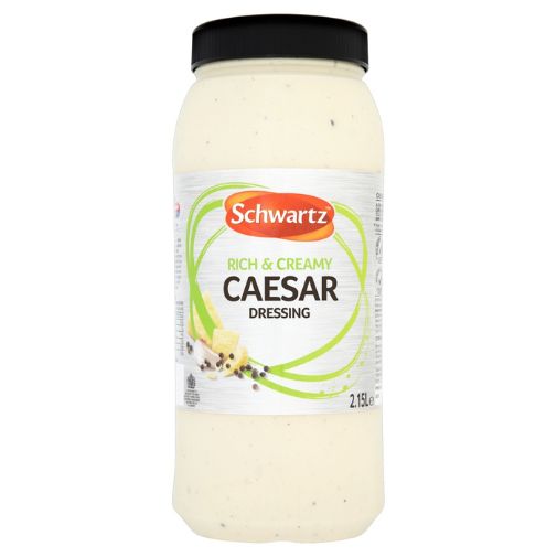 A 2.15 liter jar of Schwartz brand Caesar Salad Dressing