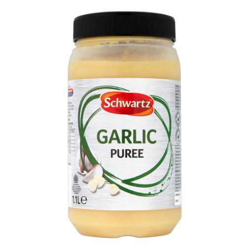 A 1.1 liter jar of Schwartz brand Garlic Puree