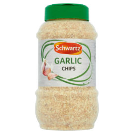 A 550 gram tub of Schwartz brand Garlic Chips