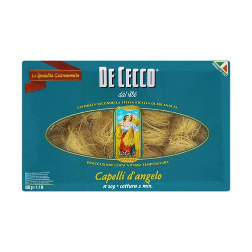A 500 gram box of De Cecco brand Capelli D'Angelo Pasta
