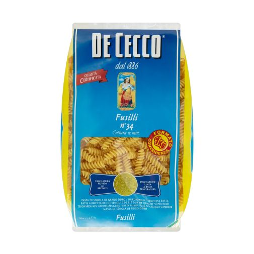 A 1 kilogram bag of De Cecco brand Fusilli Pasta