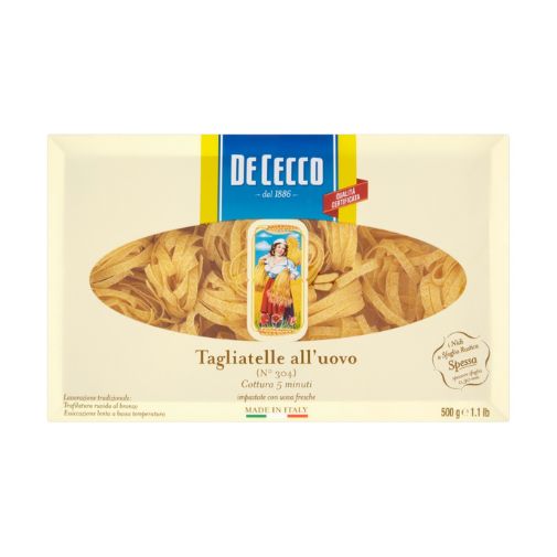 A 500 gram box of De Cecco brand Tagliatelle Pasta