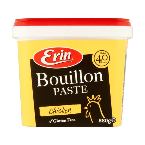 A 40 liter yellow tub of Erin brand Chicken Bouillon Paste