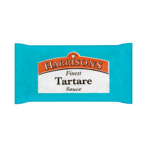 A blue 10 gram sachet of Harrisons brand Tartare Sauce