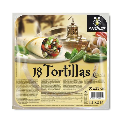 A pack of 18 25 centimeter Antalya brand Tortilla Wraps