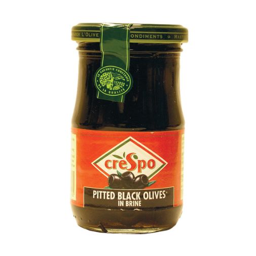 A 198 gram jar of Crespo brand Pitted Black Olives