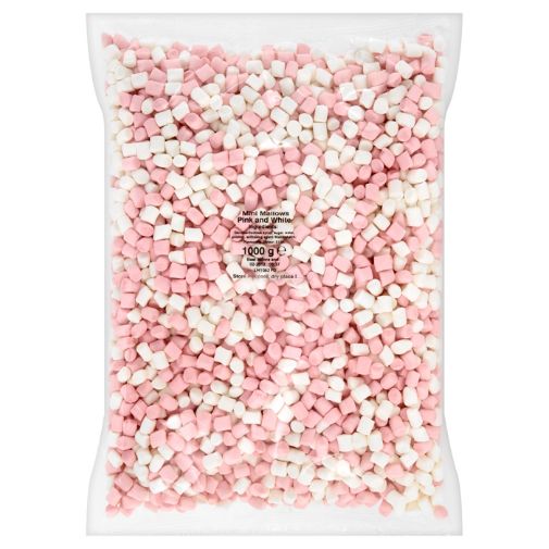 A 1 kilogram bag of Newforge brand Mini Pink & White Marshmallows