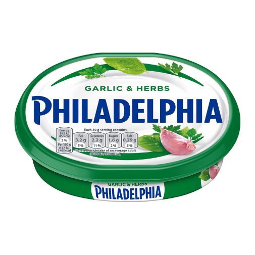 A 170 gram tub of Philadelphia brand Garlic & Herb Cream Cheese