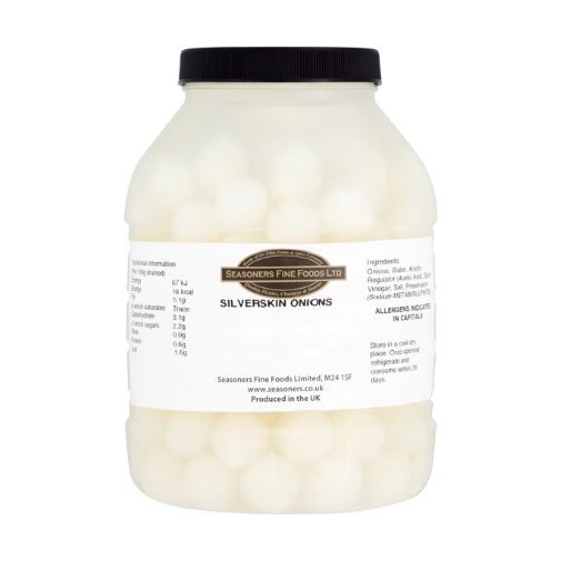 A 2.25 kilogram jar of Seasoners brand Silverskin Onions