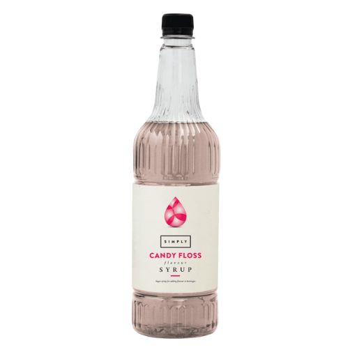 A 1 liter bottle of Simply brand Candy Floss Syrup