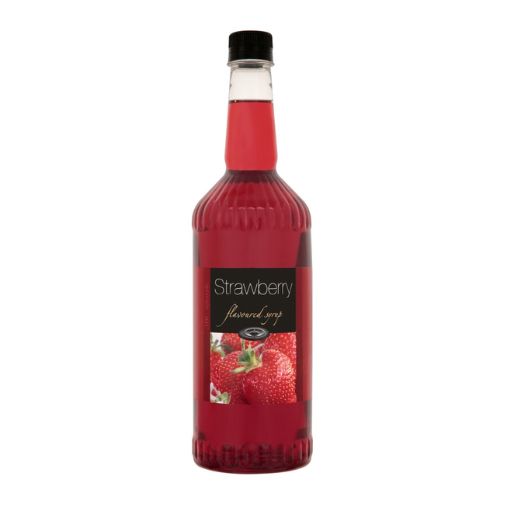 A 1 liter bottle of Simply brand Strawberry Syrup