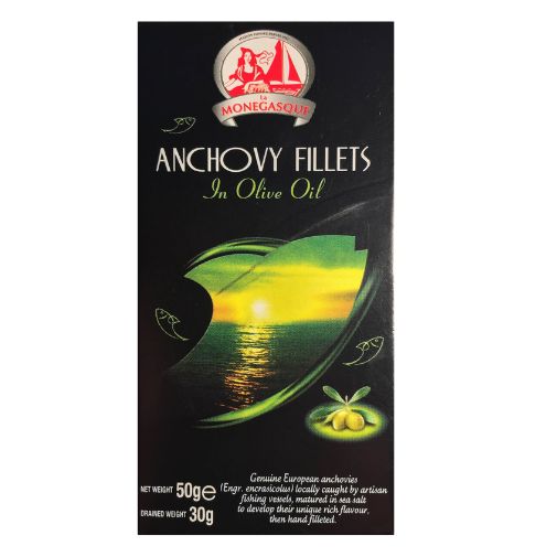 A 50 gram box of La Monegasque brand Anchovy Fillets