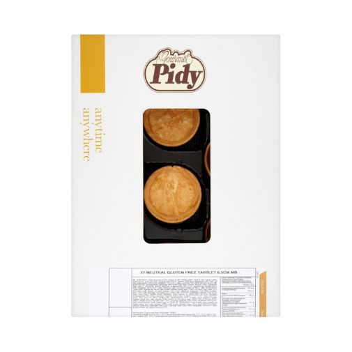 A box of 8.5 centimeter Pidy brand Gluten Free Neutral Tartlettes