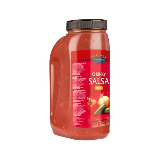 A plastic 2.25kg tub of Santa Maria brand Medium Chunky Salsa with a black screw top lid.