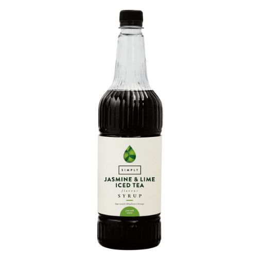 A 1 liter bottle of Simply brand Jasmine Lime Iced Tea Syrup