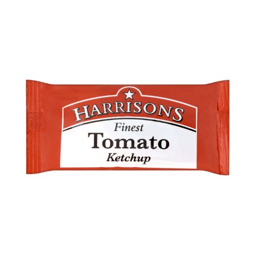 A 10gm red sachet of Harrisons brand Tomato Ketchup