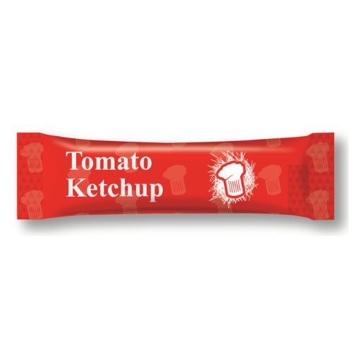 A red 9 gram stick pack of White Hat brand Tomato Ketchup