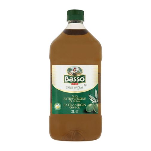 A 2 liter bottle of Basso brand Extra Virgin Olive Oil