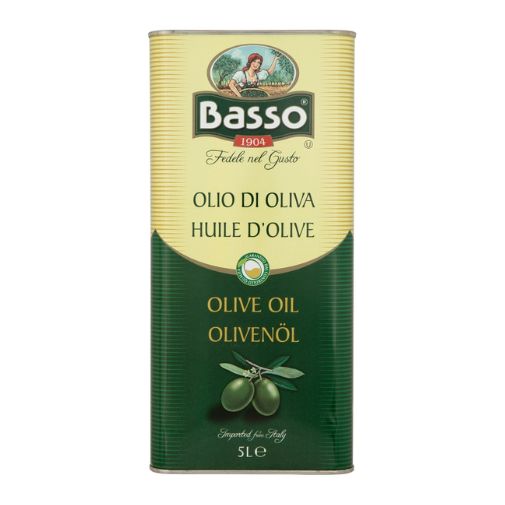 A 5 liter tin of Basso brand Pure Olive Oil