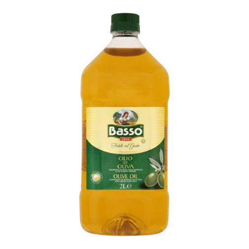 A 2 liter bottle of Basso brand Pure Olive Oil
