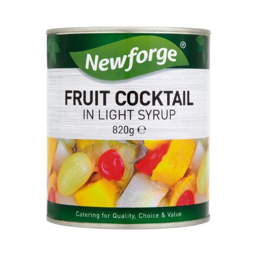 An 820 gram can of Newforge brand Fruit Cocktail in Light Syrup