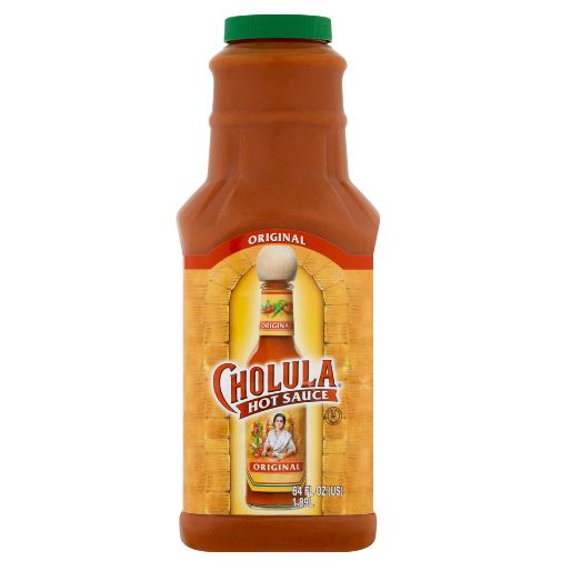 A 1.89 liter plastic bottle of Cholula brand Original Hot Sauce with a green screw on lid.