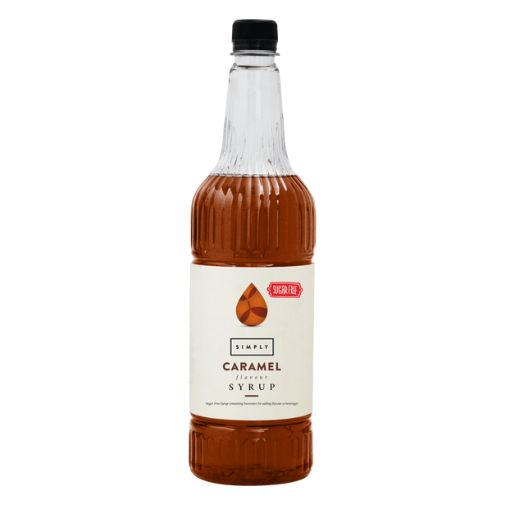 A 1 liter bottle of Simply brand Sugar Free Caramel Syrup